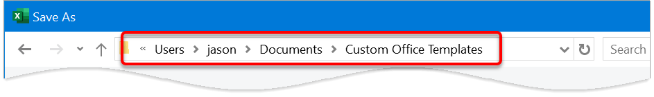 Save your custom Excel templates in the default Custom Office Templates folder. Do not change the location.