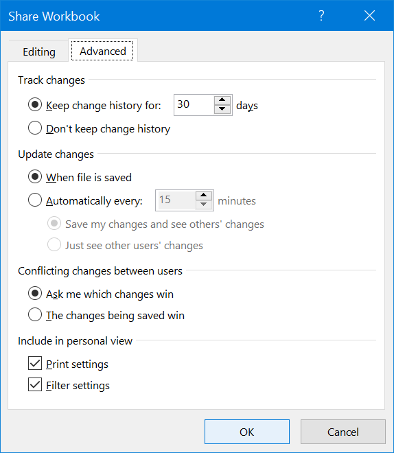 The settings for the Share Workbook dialog