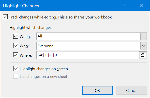 The Highlight Changes dialog controls what changes are tracked