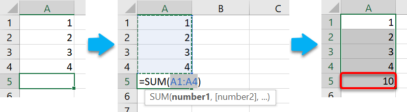 Using AUTOSUM to total a column of numbers (third method)