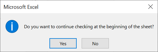 Spell checl: Do you want to continue checking at the beginning of the sheet?