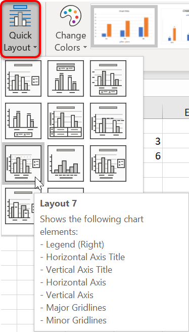 Change the layout and configuration of the chart using the Quick Layouts option on the Design ribbon under Chart Tools