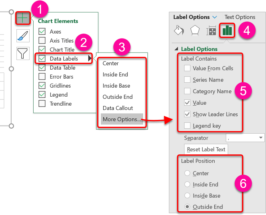 Set the label optionsby checking or unchecking category name, value, percentage, leader lines and choose where to place the label (center, inside end, inside base or outside end)