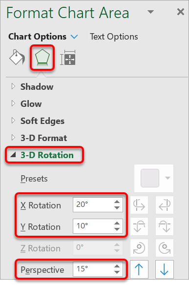 Change the rotation or perspective settings for a 3d chart component