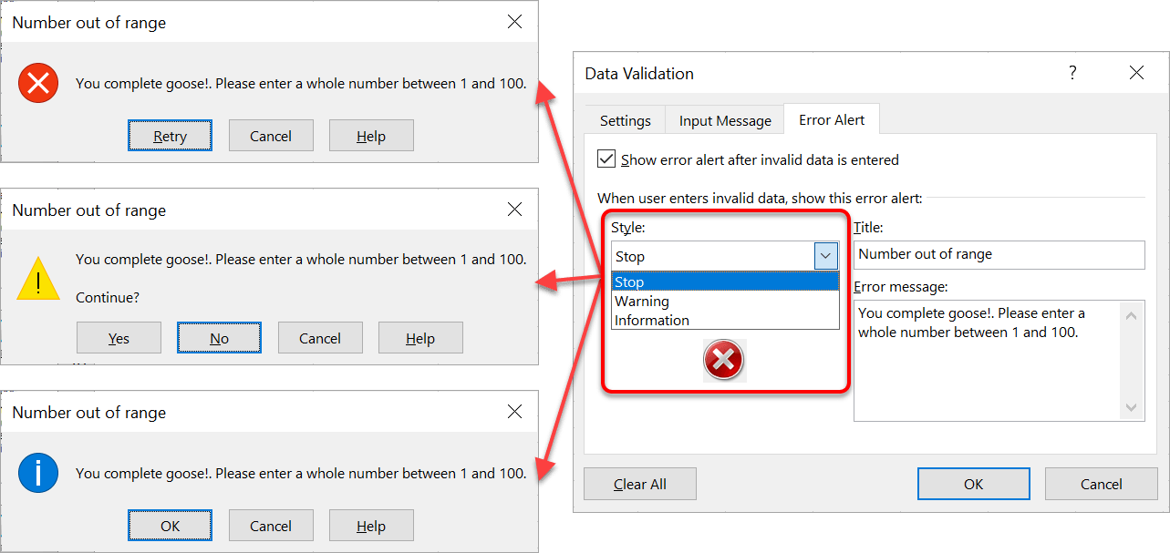 Alerting the user of an error (Error Alert tab)