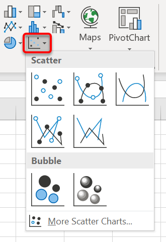 There are 5 scatter chart types to choose from. These are available on the Insert Scatter (X, Y) or Bubble Chart icons on teh Insert ribbon or by going to the Recommended Charts tab or All Charts tab