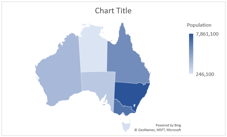 Excel draws the Map Chart for you, complete with colour code and data