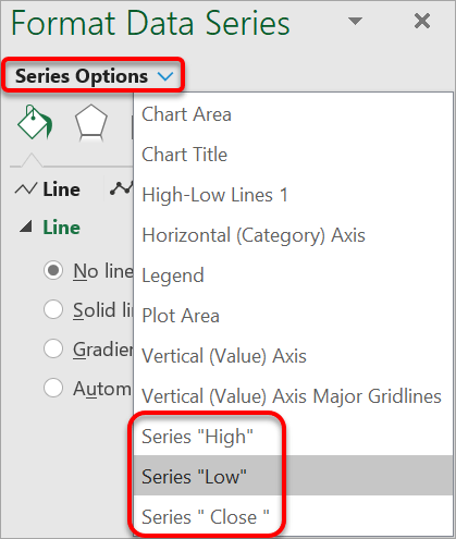 Format the Data Series for the chart to set the high-low line options
