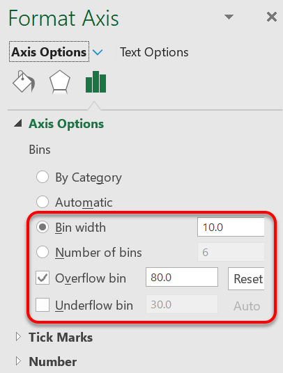 Your Histogram's Numerical Bins are controlled by the Bin Width, Overflow bin and Underflow bin settings