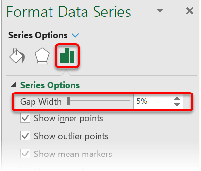 Under Series Options, adjust the Gap Width percentage. The lower the number (e.g. 5%) the more spread out the chart elements become.