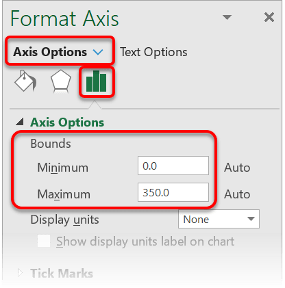 Under the Axis Options heading, under the Bounds subheading, set the Minimum and Maximum value you want to use on the axis.
