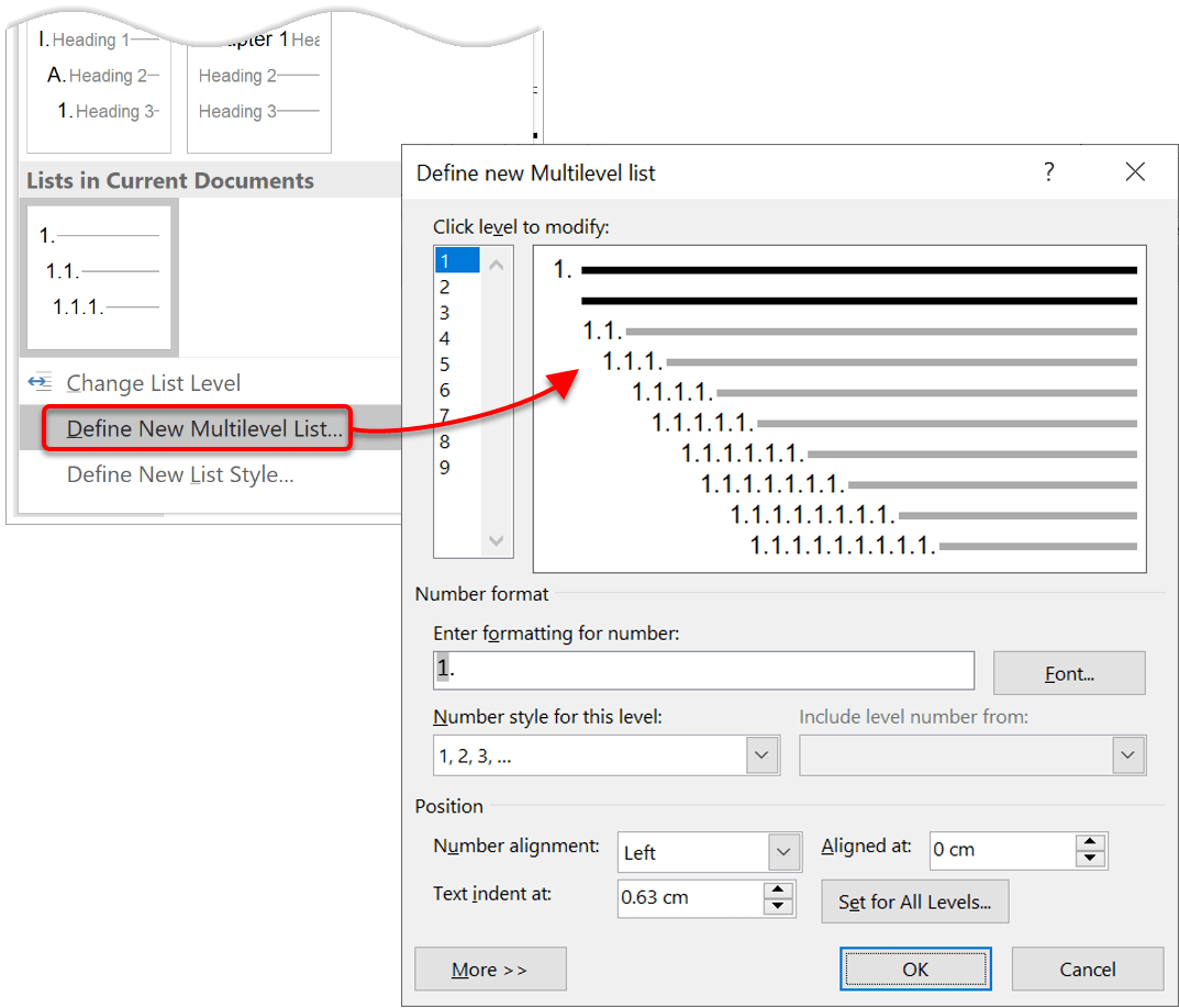 Define new multilevel list