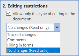 Editing restrictions: Only allow this type of editing in the document