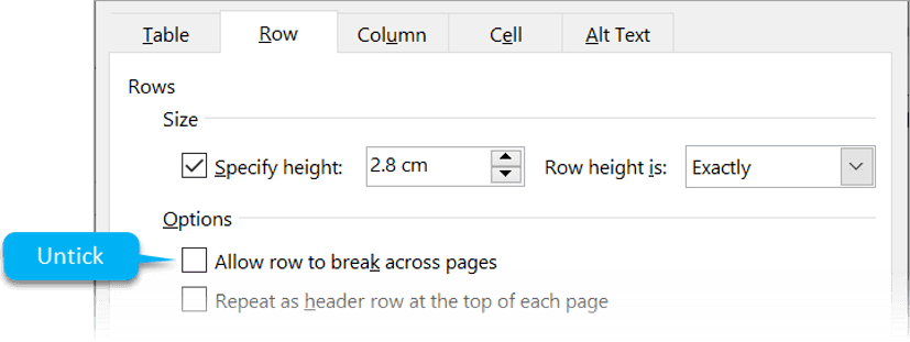 How to prevent the row content splitting between 2 pages on your Word tables