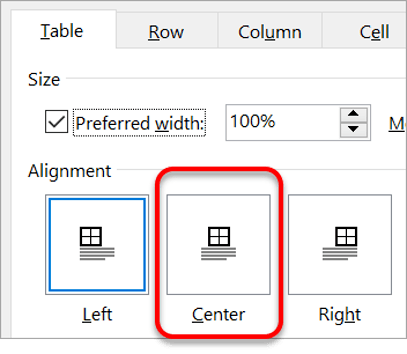 How to position the whole Word table (as a unit) onto the page