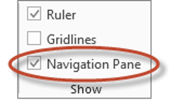 Navigate using the navigation pane (on the View ribbon)