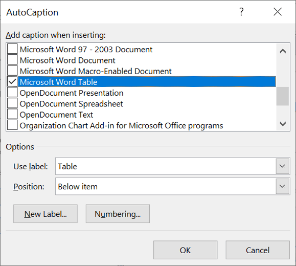 Choosing what to AutoCaption for use in the table of figures
