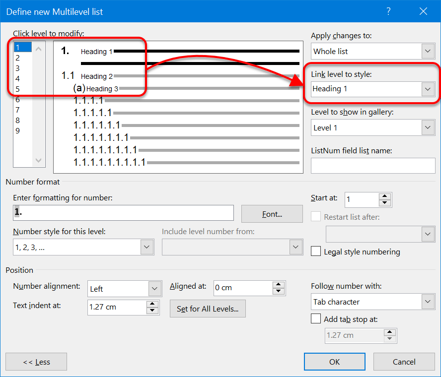 Numbering setup using standard styles