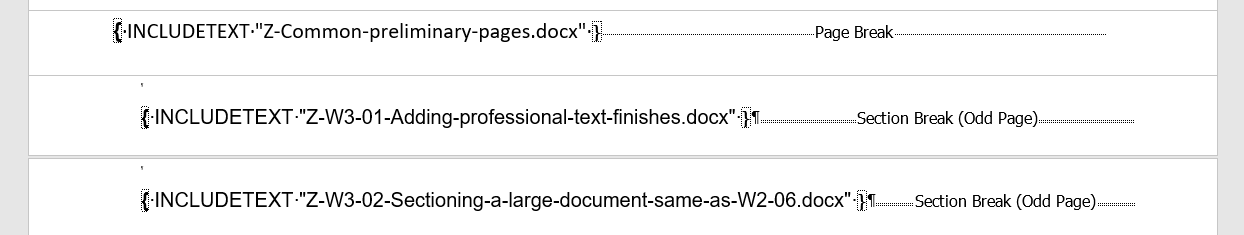 Switch off the hidden formattting to show the section breaks between the INCLUDETEXTs