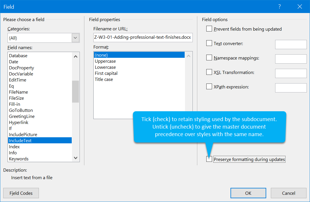 INCLUDETEXT switches and options