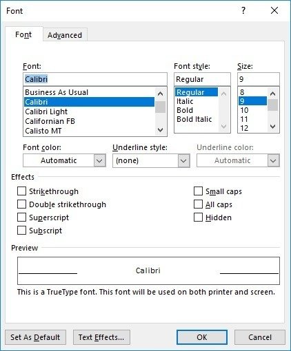 Example of a dialog box from Word