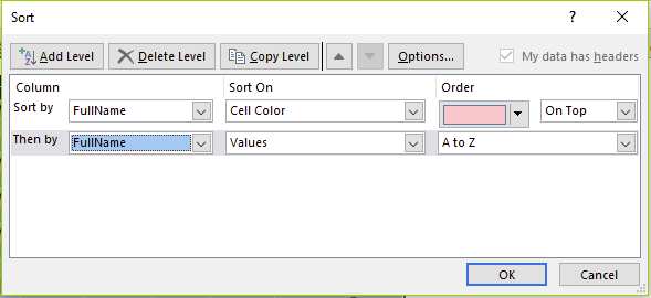 Figure 15 - Sort Fullname by cell colour then by value