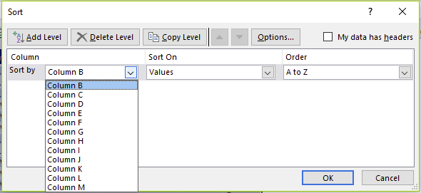 Figure 21 - Sort By shows column letters